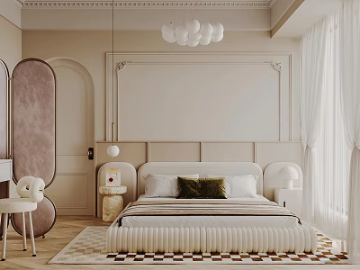 Elegant Modern Bedroom Interior With Soft Headboard Plush Pillows Checkered Rug And Pendant Lights 3d model