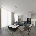 Modern Open Living And Dining Room Interior With Blue Sofa Dining Table And Pendant Lights