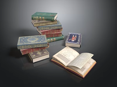 Ornate Stacked Books With Open Pages And Vintage Colorful Covers 3d model