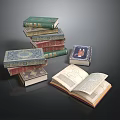 Ornate Stacked Books With Open Pages And Vintage Colorful Covers