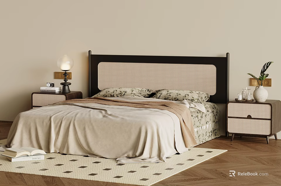 Double Bed with Woven Headboard Beige Blanket Floral Pillows Nightstands Lamp Plant Wooden Floor Rug 3d model 