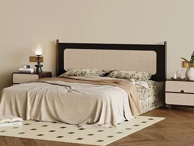 Double Bed with Woven Headboard Beige Blanket Floral Pillows Nightstands Lamp Plant Wooden Floor Rug 3d model