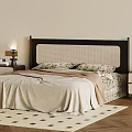 Double Bed with Woven Headboard Beige Blanket Floral Pillows Nightstands Lamp Plant Wooden Floor Rug