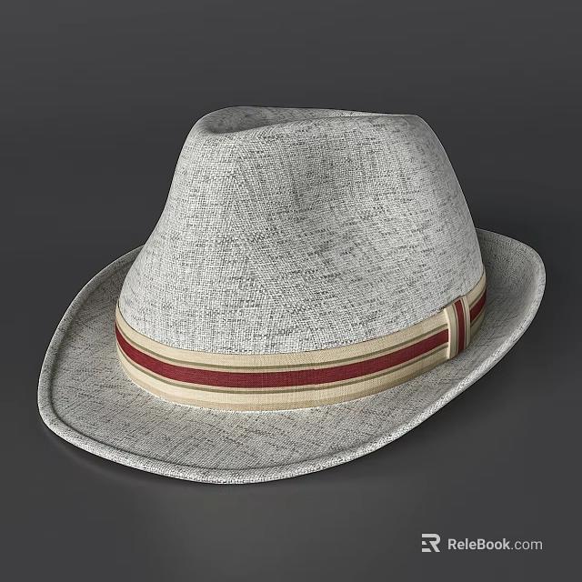 Light gray textured fedora hat with red and beige band and flat brim 3d model 