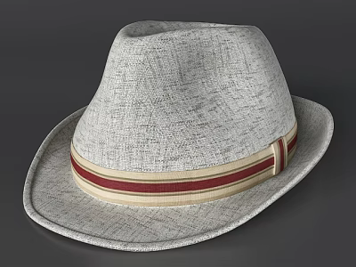 Light gray textured fedora hat with red and beige band and flat brim 3d model