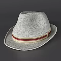 Light gray textured fedora hat with red and beige band and flat brim