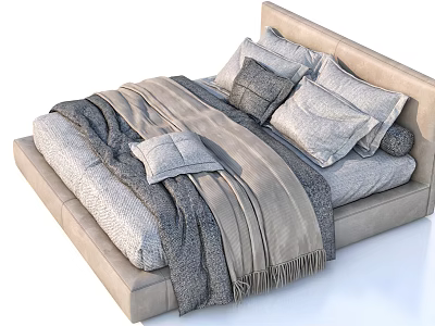 Modern Double Bed With Beige Headboard Gray Beige Blankets And Pillows 3d model