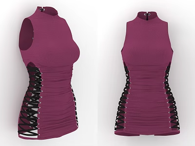 Purple Sleeveless High Neck Dresses With Lace Up Sides And Ruched Details 3d model