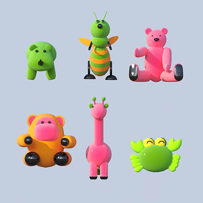 Colorful Stuffed Animal Toys Including Green Hippo Pink Bear and Orange Pig with Cute Designs 3d model