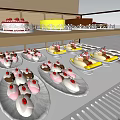 Glass Display Cabinet Shelf with Multiple Layers Showcasing Colorful Desserts for Bakery Shop