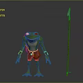 Standing Green Smiling Muscular Frog Character With Wooden Spear And Blue Crystal