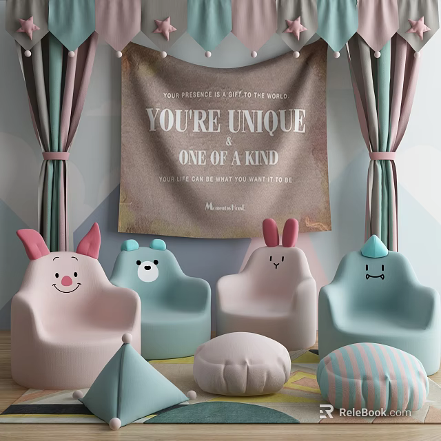 Cute Cartoon Shaped Single Sofa in Pink Blue with Animal Ear Design for Kids Room 3d model 