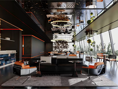Modern Banquet Hall Interior Design With Black Orange Decor Large Chandeliers Floor To Ceiling Windows 3d model