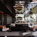 Modern Banquet Hall Interior Design With Black Orange Decor Large Chandeliers Floor To Ceiling Windows
