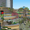Modern Commercial Complex With High Rise Buildings Blue Spherical Structure And Facade Greenery