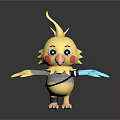 Cute Yellow Bird Game Movie Character With Red Cheeks Gray Outfit And Blue Mechanical Arm