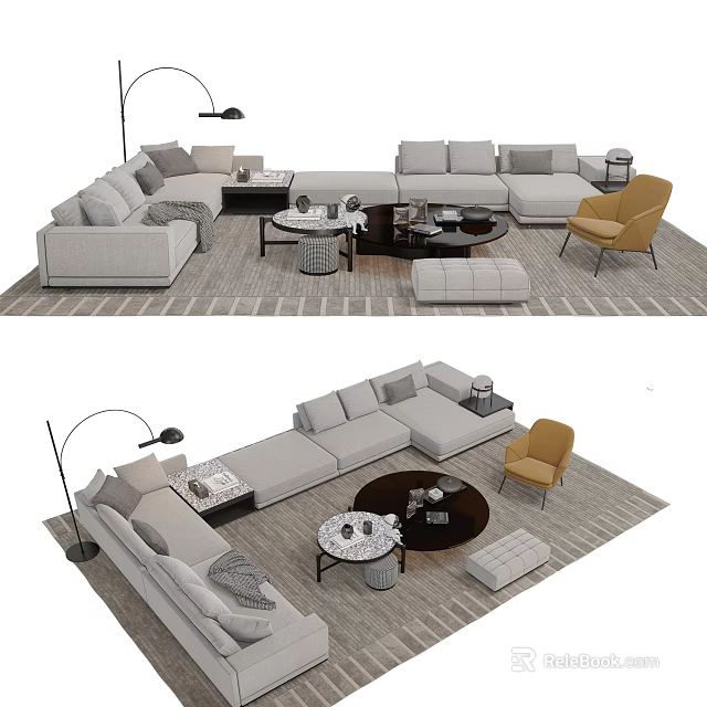 Modern Light Gray Sofa and Coffee Table Set With Round Table Yellow Chair Floor Lamp 3d model