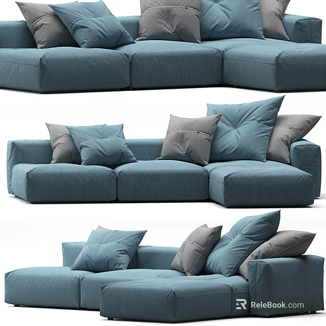 Blue Sectional Sofa With Soft Fabric And Multiple Decorative Pillows Modern Style 3d model