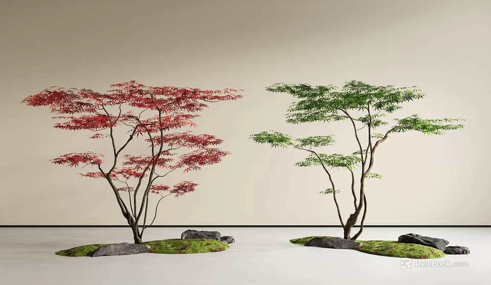 Two Arbor Trees with Red And Green Leaves in Garden Landscape With Moss And Stones 3d model 