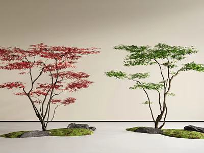 Two Arbor Trees with Red And Green Leaves in Garden Landscape With Moss And Stones 3d model