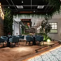 Modern Café Interior Design With Hanging Lights Green Plants And Seating Area