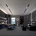 Modern Office Interior Design With Dark Furniture Desk Sofa Shelves Window And Lighting