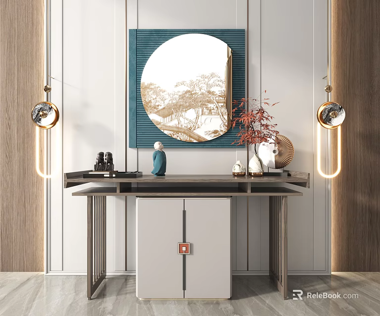 Modern Console Table With Round Mirror Decorative Vases And Pendant Lights 3d model
