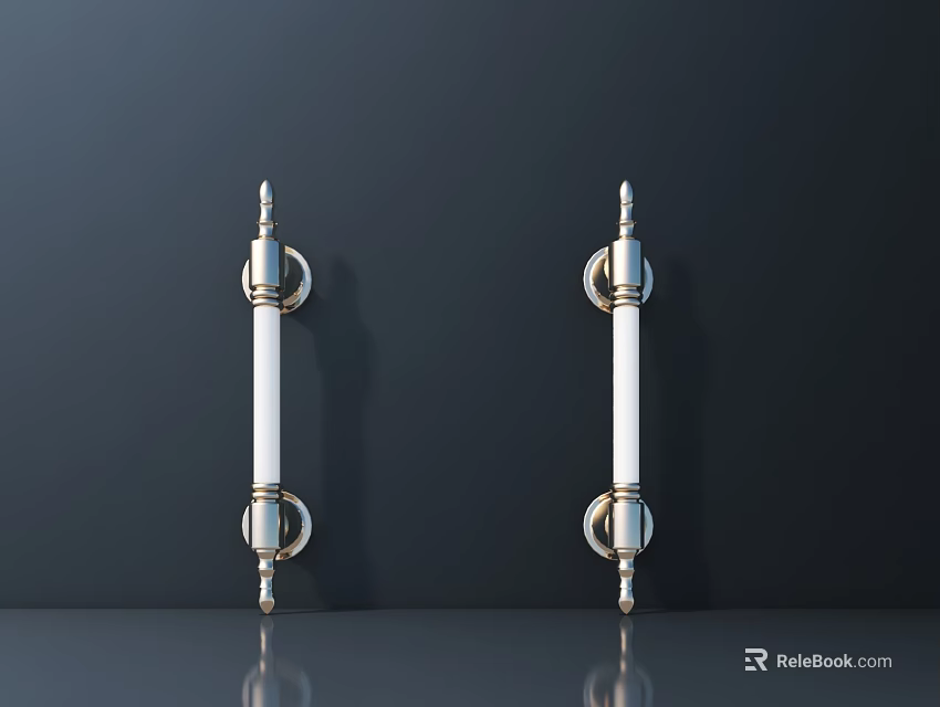 Two Modern Decorative Handles with Metal Ends and White Body Mounted on Dark Wall Surface 3d model 