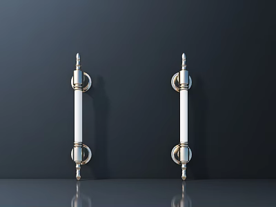 Two Modern Decorative Handles with Metal Ends and White Body Mounted on Dark Wall Surface 3d model