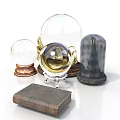 Decorative Glass Orbs With Golden Copper And Black Bases Plus Vintage Brown Book