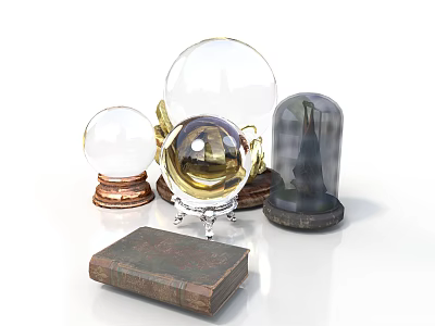 Decorative Glass Orbs With Golden Copper And Black Bases Plus Vintage Brown Book 3d model