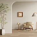 Cozy Leisure Chair in Light Colored Room with Archway Green Plant Floor Lamp and Wooden Floor