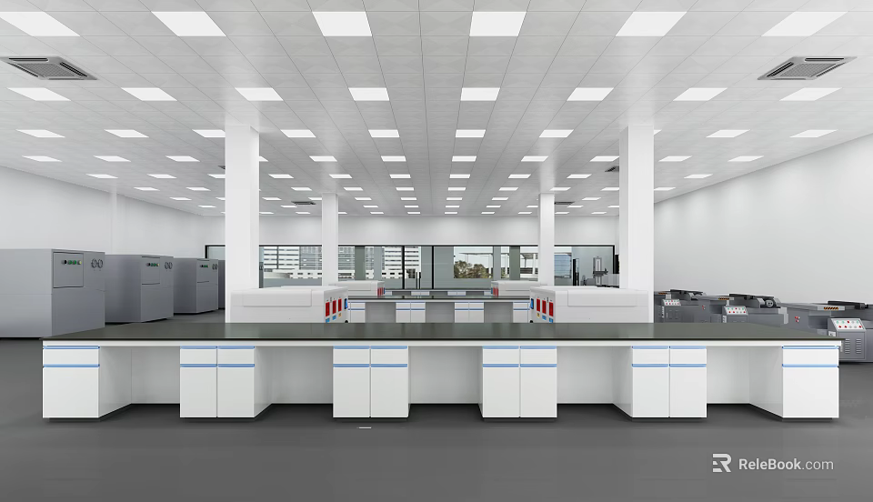 Modern Laboratory Interior With White Workbenches Instruments Large Windows And Ceiling Lights 3d model