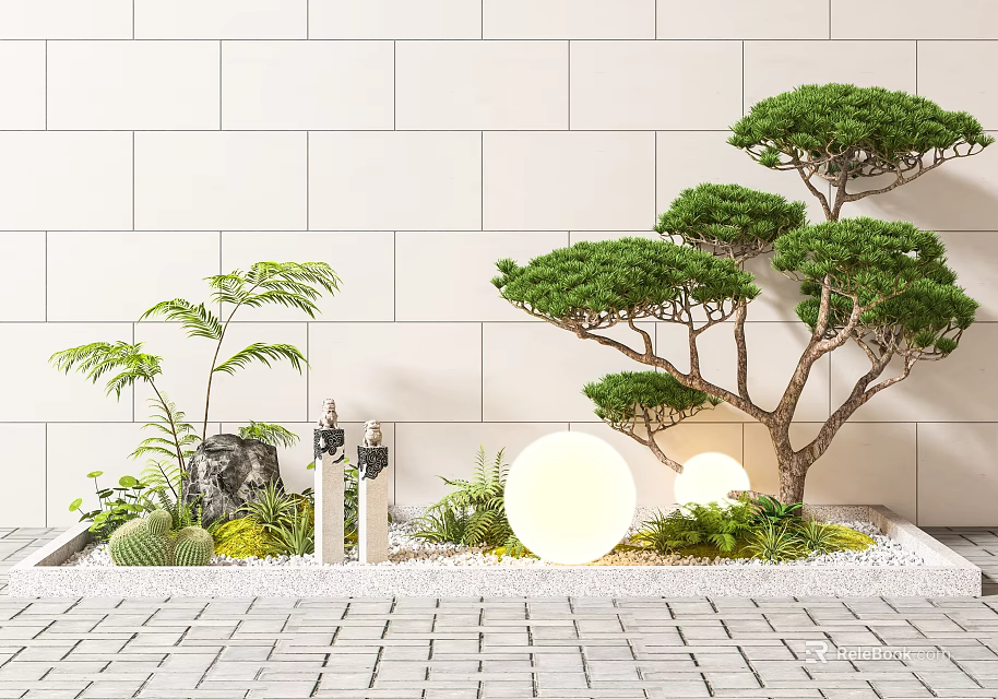 Zen Style Courtyard Garden with White Wall Pine Tree Round Lights and Brick Pavement 3d model 