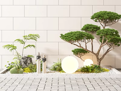 Zen Style Courtyard Garden with White Wall Pine Tree Round Lights and Brick Pavement 3d model