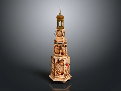 Tower Shaped Wooden Sculpture Carving With Multi Layered Golden Dome Top 3d model