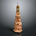 Tower Shaped Wooden Sculpture Carving With Multi Layered Golden Dome Top