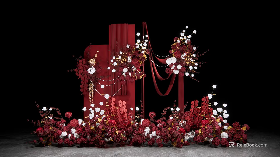 Red Wedding Decorative Backdrop With Floral Arrangements And Decorative Chains 3d model 