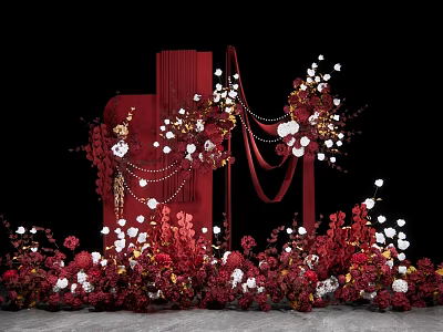 Red Wedding Decorative Backdrop With Floral Arrangements And Decorative Chains 3d model