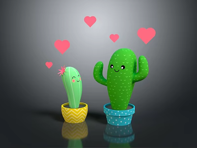 Cartoon Cacti With Smiling Faces In Colorful Patterned Pots And Pink Hearts Around 3d model