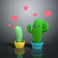 Cartoon Cacti With Smiling Faces In Colorful Patterned Pots And Pink Hearts Around