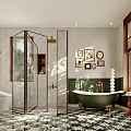 Elegant Modern Bathroom Interior With Freestanding Bathtub Glass Shower Framed Art And Patterned Tiles
