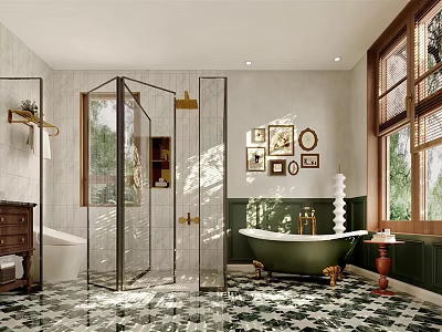 Elegant Modern Bathroom Interior With Freestanding Bathtub Glass Shower Framed Art And Patterned Tiles 3d model