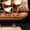 Decorative Ornament Set Featuring Wooden Sailing Ship Model with Detailed Sails on Stand Base