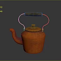 Vintage Copper Teapot With Wooden Handle On Dark Shiny Surface