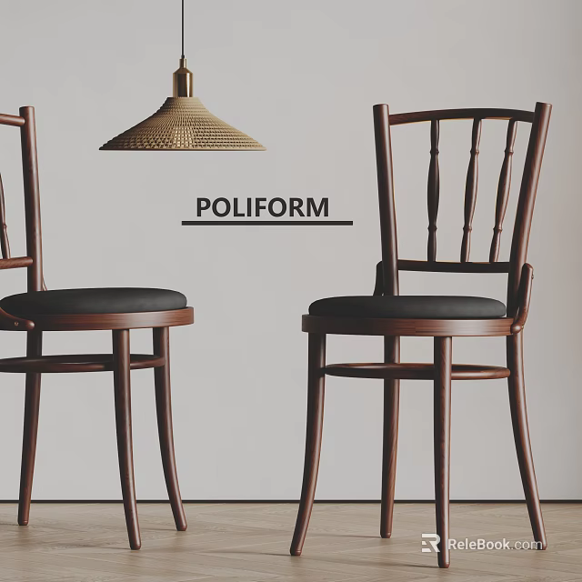 POLIFORM Walnut Wood Dining Chairs With Slatted Back And Black Cushion 3d model 