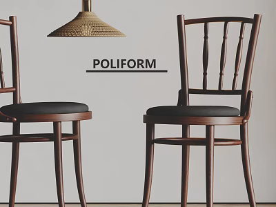 POLIFORM Walnut Wood Dining Chairs With Slatted Back And Black Cushion 3d model
