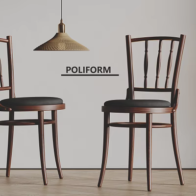 POLIFORM Walnut Wood Dining Chairs With Slatted Back And Black Cushion 3d model