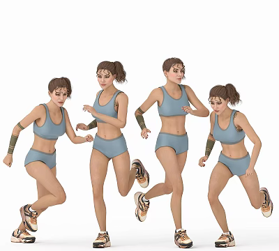 Decorative Female Sports Figurine Set With Four Running Poses In Blue Outfits 3d model