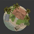 Cartoon Tropical Island Scene With Beach House Palm Trees Small Cabin And Wooden Pier